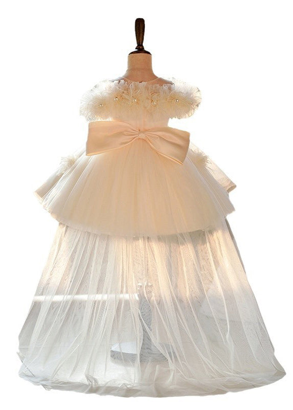 Elegantes Champagner Perlen Tüll Kinder Maxi Kleider Kurzarm YG017