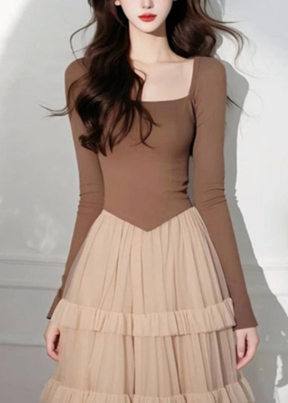Kuchen Lange Kaffee Quadrat Tüll Elegante Kleid Patchwork Kragen