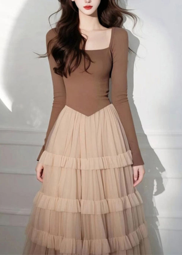 Kuchen Lange Kaffee Quadrat Tüll Elegante Kleid Patchwork Kragen