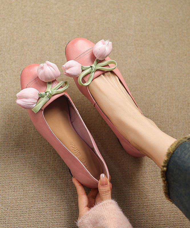 Shoes Elegant Cowhide Bow Leather Flat Splicing Floral Green