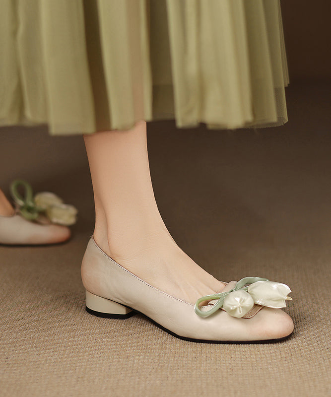 Shoes Elegant Cowhide Bow Leather Flat Splicing Floral Green