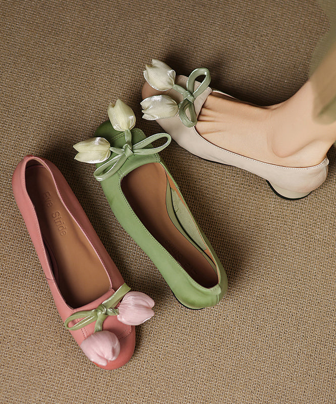 Shoes Elegant Cowhide Bow Leather Flat Splicing Floral Green