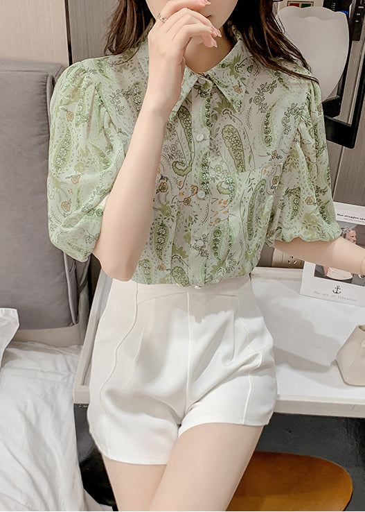 Elegantes grünes Chiffon-Shirt mit Peter-Pan-Kragen und Laternenärmeln TZ015