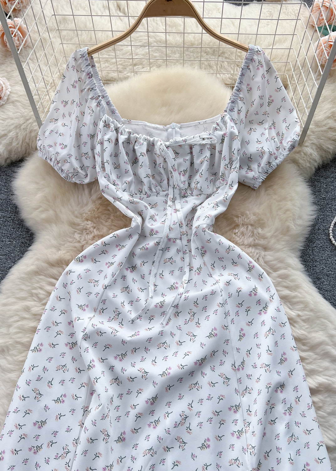 Robe élégante en coton à lacets et imprimé vert pour l'été TR027