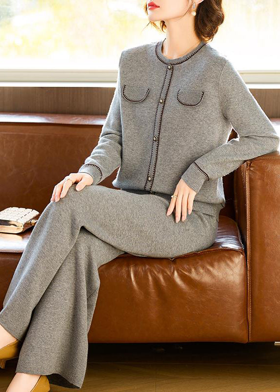 Ensemble deux pièces élégant en laine grise avec haut et pantalon à col rond, printemps TQ026