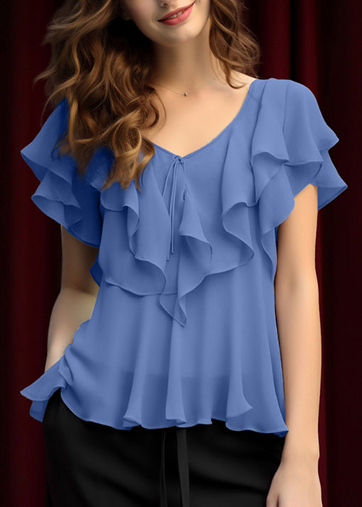 Blouses Chiffon Patchwork Ruffled Grey Summer Elegant
