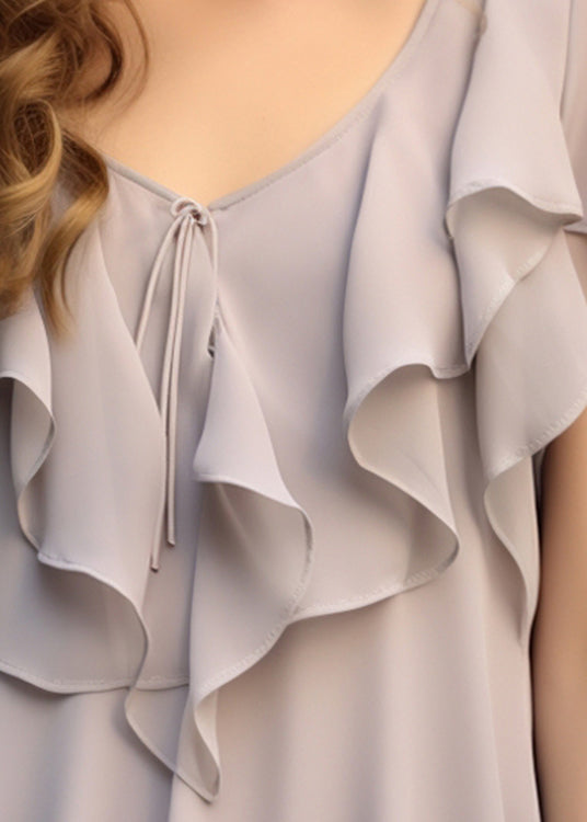 Blouses Chiffon Patchwork Ruffled Grey Summer Elegant