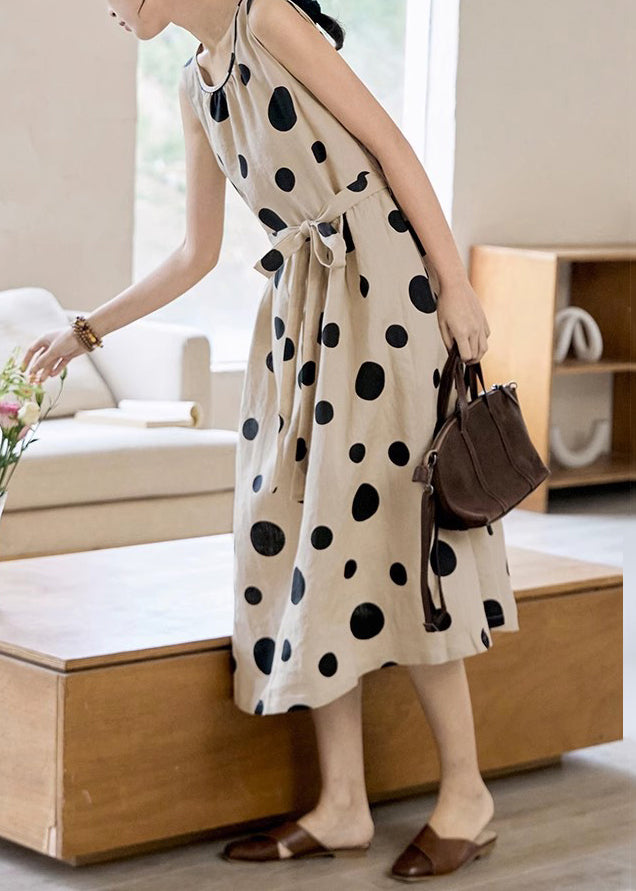 Krawatte Langes Ärmelloses Kleid Baumwolle Taschen Elegante Punkt Taille Khaki