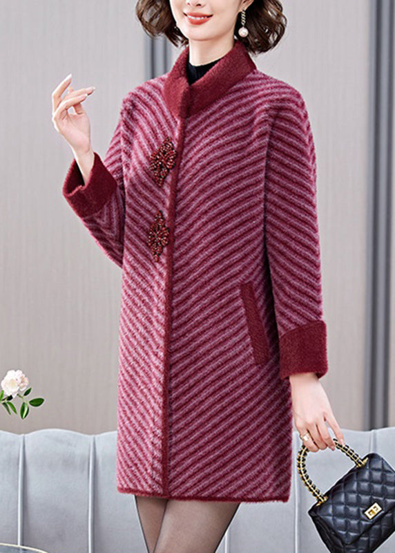 Elegante Mulberry Striped Patchwork Nerz Samt Mäntel Frühling TA016
