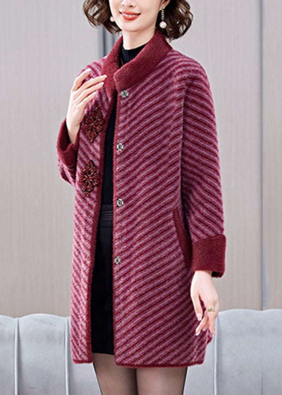 Elegante Mulberry Striped Patchwork Nerz Samt Mäntel Frühling TA016