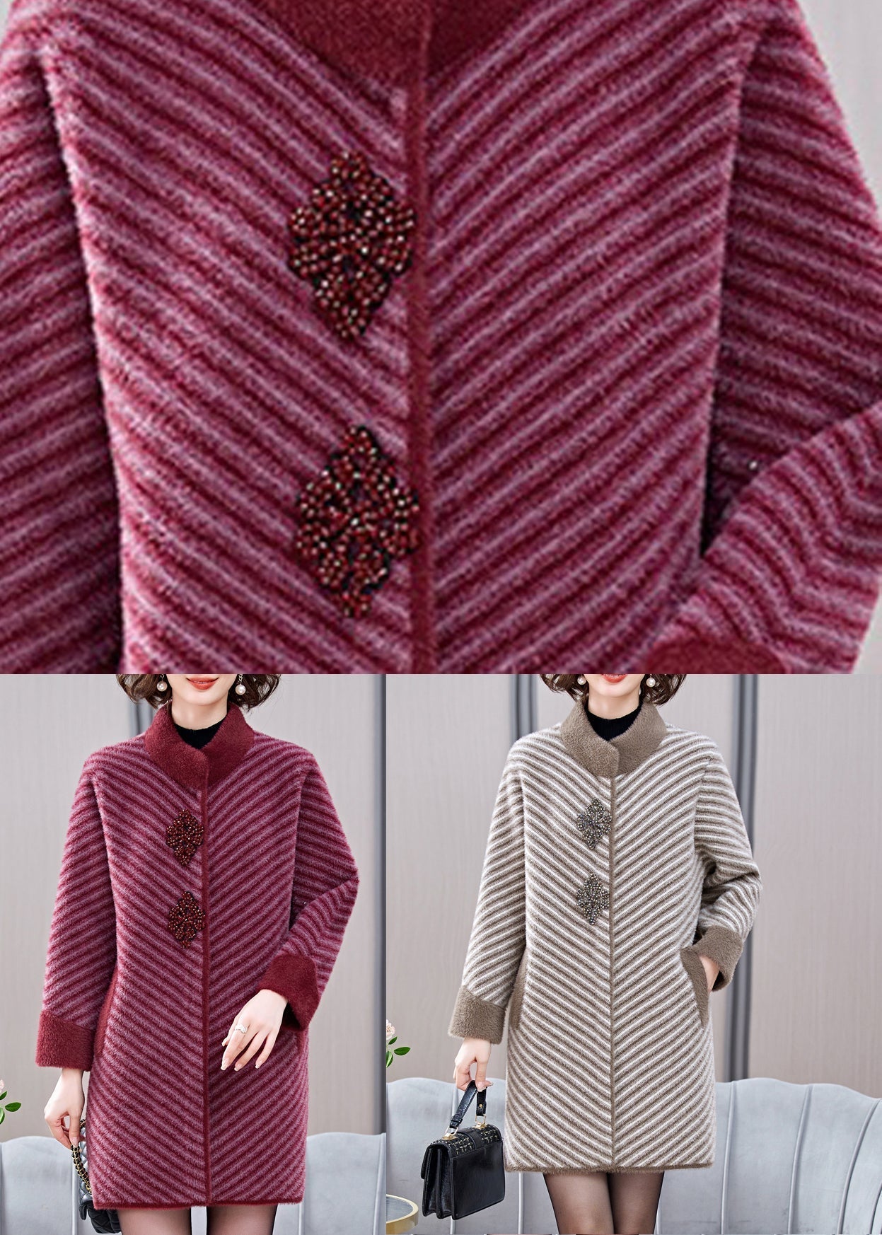 Elegante Mulberry Striped Patchwork Nerz Samt Mäntel Frühling TA016