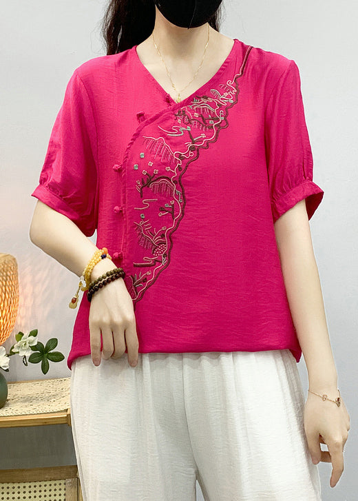 Chemises en lin à boutons brodés vert pois élégantes été RE043