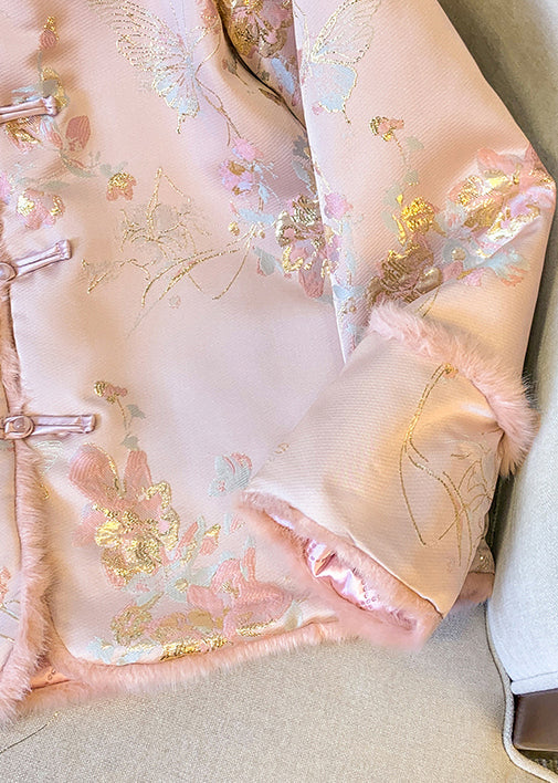 Elegante Rosa Knopf Flauschige Patchwork Dicke Parkas Winter QG027