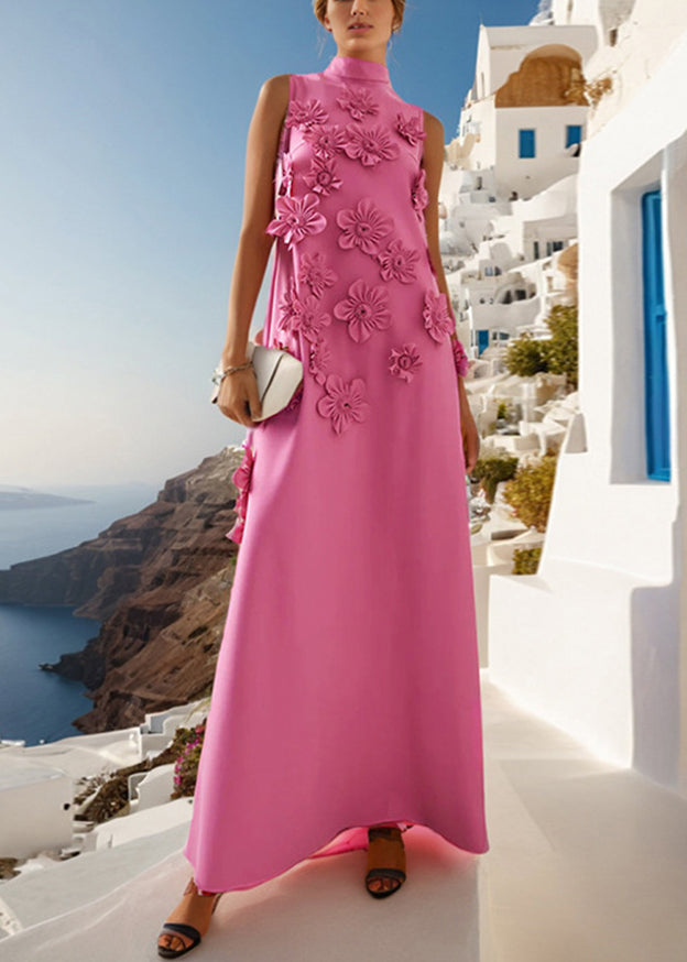 Lange Rosa Up Ärmelloses Blumen Baumwolle Kleid Taschen Spitze Elegante
