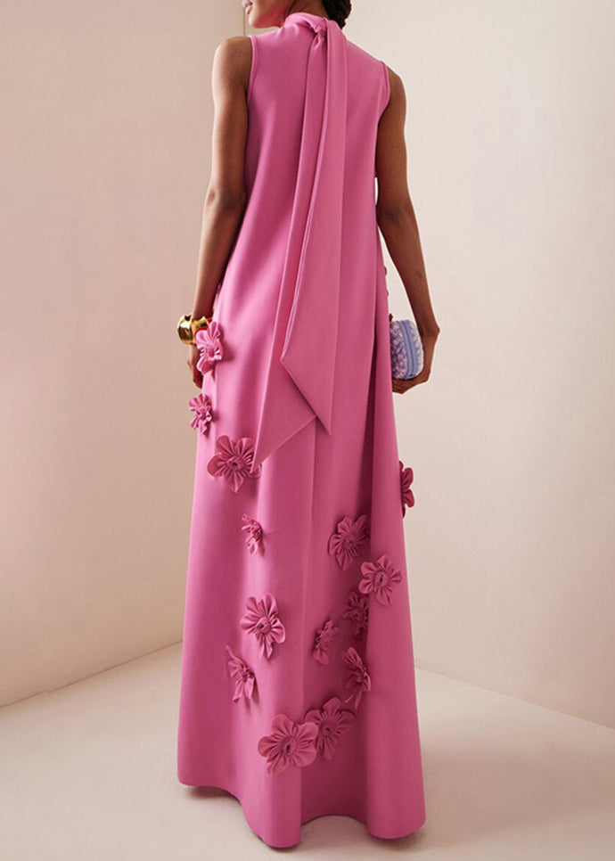 Lange Rosa Up Ärmelloses Blumen Baumwolle Kleid Taschen Spitze Elegante