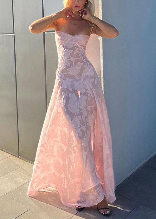 Elegantes, ärmelloses Spitzenkleid in Rosa mit Spaghettiträgern