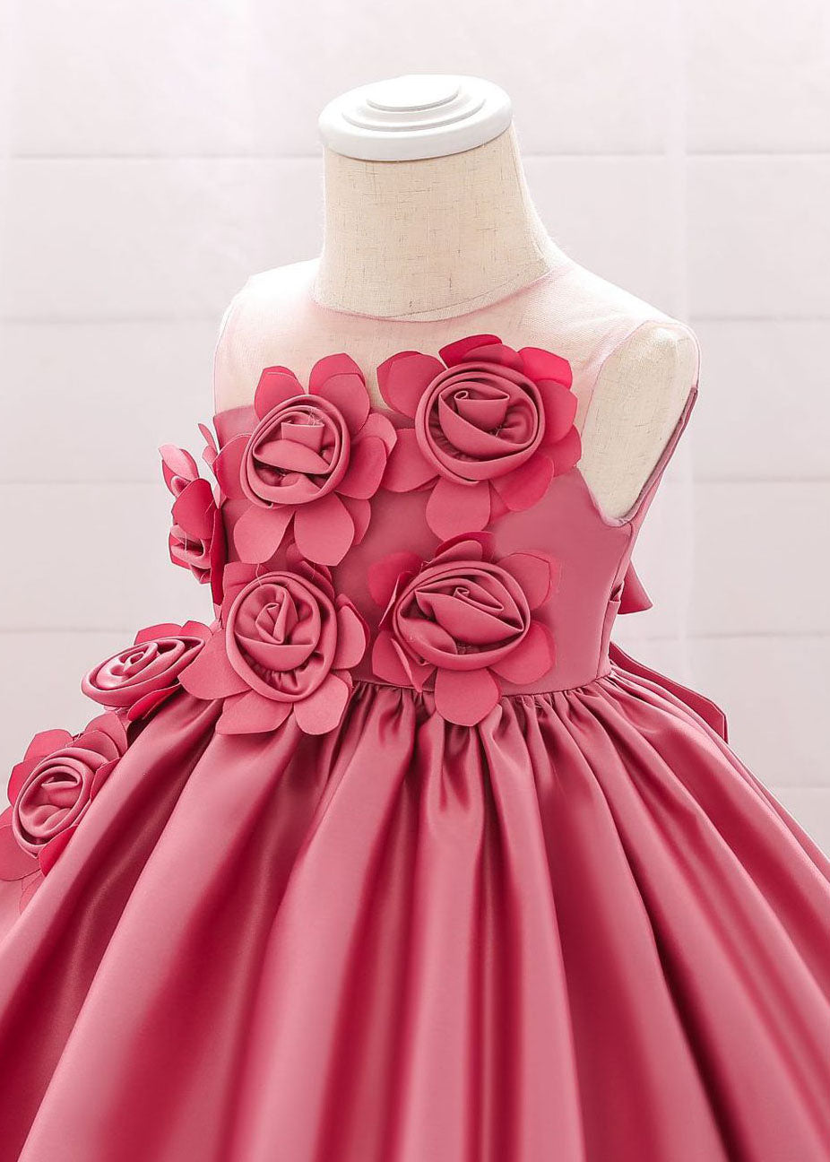 Elegantes rosa O-Ausschnitt Patchwork Floral Kinder langes Kleid ärmellos YS013