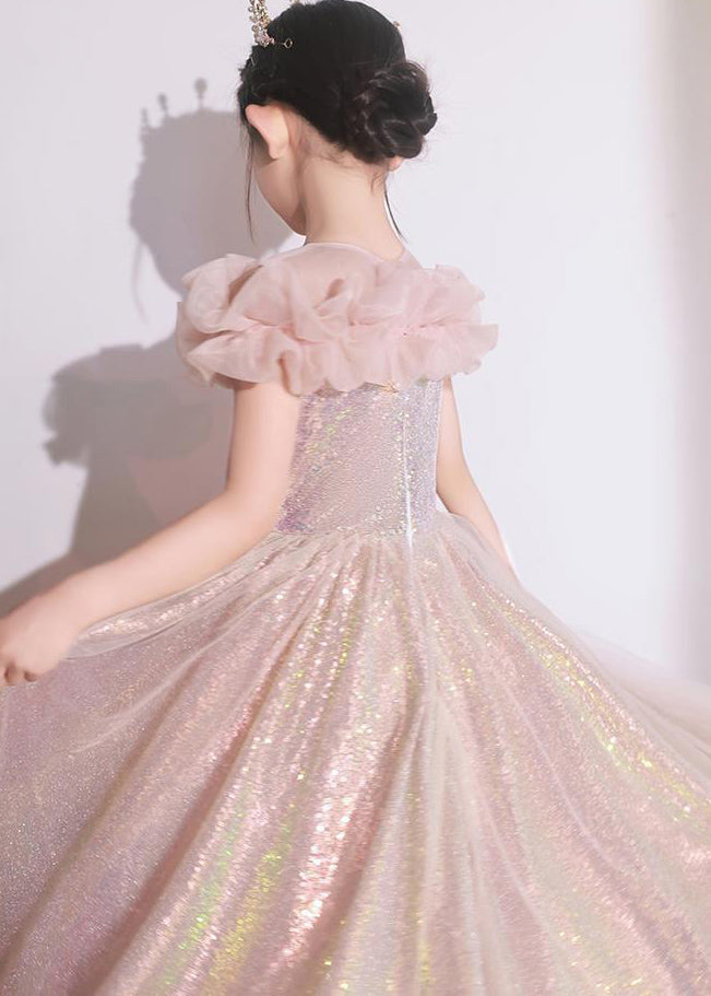 Elegantes Rosa Patchwork Tüll Mädchen Maxi Kleider Kurzarm QV010