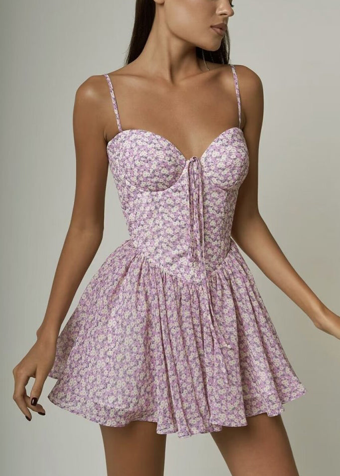 Spitze Rosa Kleid Strap Ärmeln Up Elegante Spaghetti Baumwolle Druck