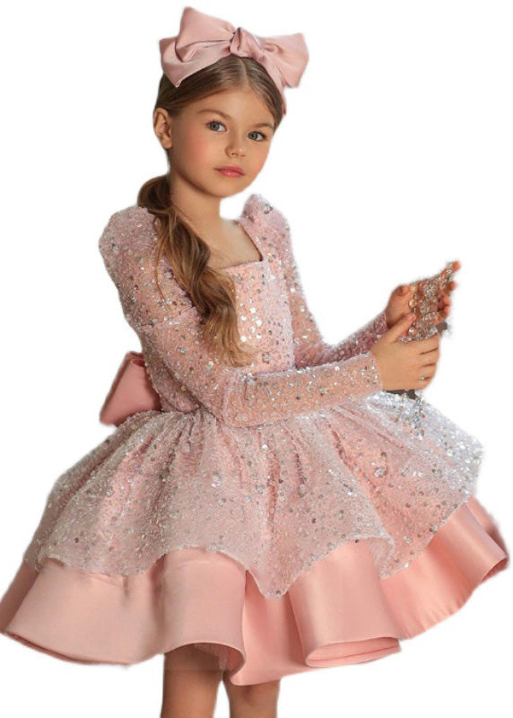 Robe longue rose élégante à col carré et nœud en tulle à paillettes pour filles, printemps YS038