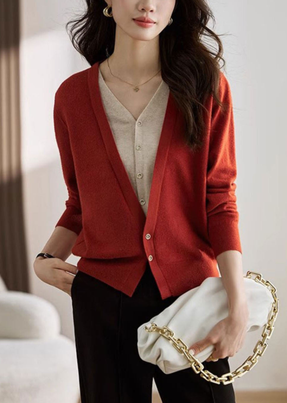 Eleganter roter V-Ausschnitt Patchwork Falscher Zweiteiler Strickmantel Frühling TZ030