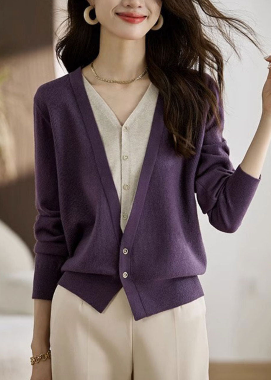 Eleganter roter V-Ausschnitt Patchwork Falscher Zweiteiler Strickmantel Frühling TZ030
