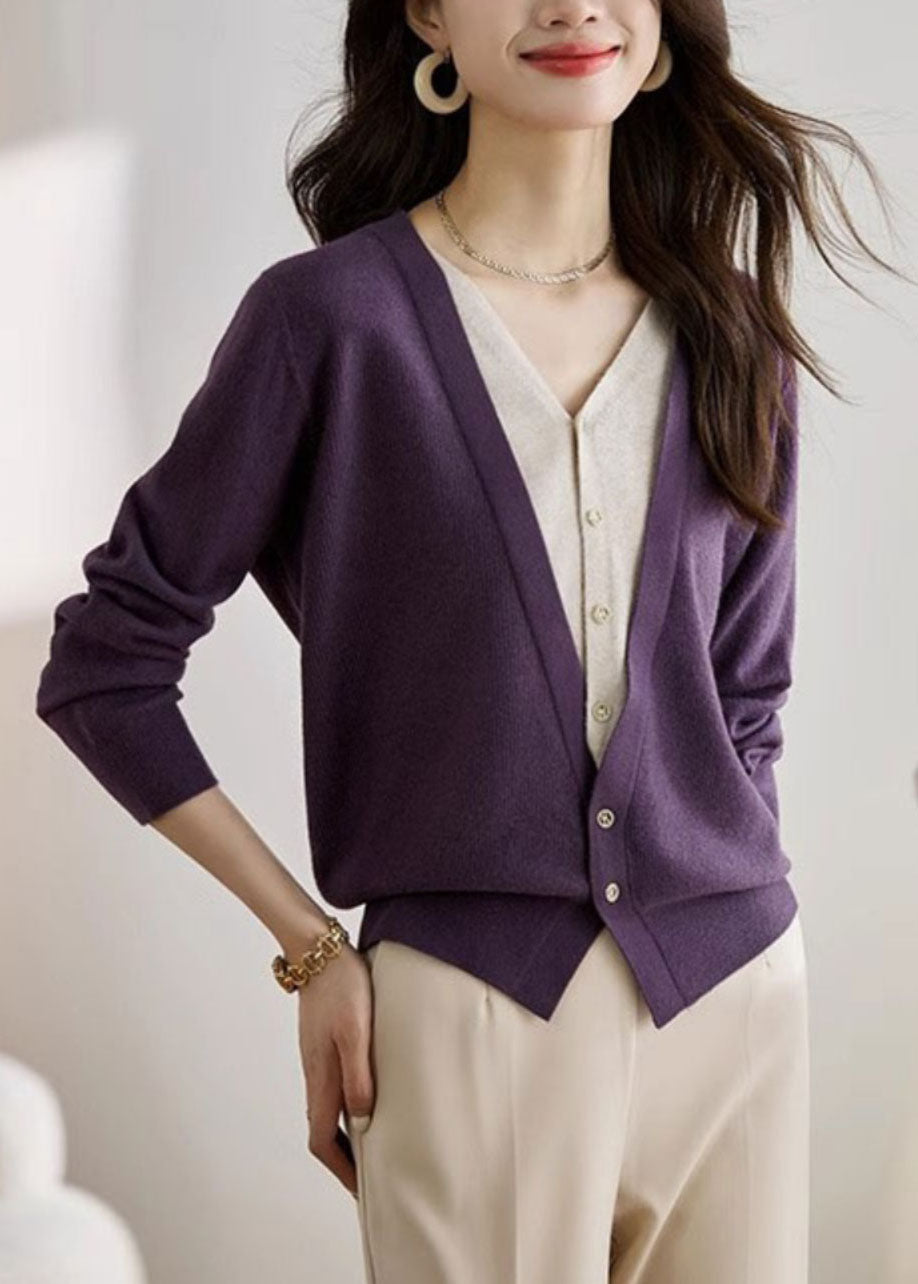 Eleganter roter V-Ausschnitt Patchwork Falscher Zweiteiler Strickmantel Frühling TZ030
