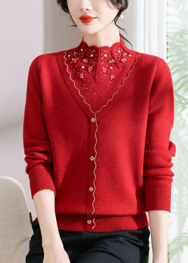 Elegante Rote Zirkon Falsche Zwei Stücke Woll Kurzen Pullover Frühling TQ003