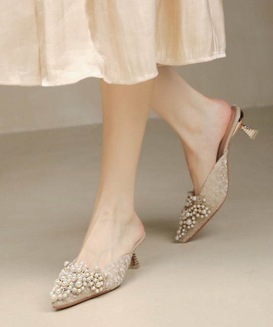 Elegante Spitz Slide Ferse Perle Blau Spleißen Sandalen Nagel Hohe