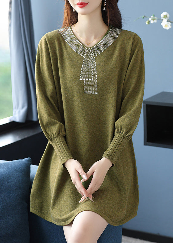 Elegantes Teegrünes V-Ausschnitt Zirkon Wollpullover Kleid Winter RL017