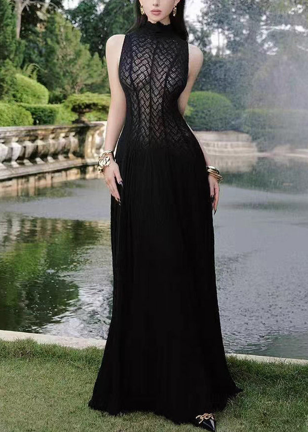 Spitze Hohl-Out Kleid Weiß Elegant Ärmellos Solide Maxi