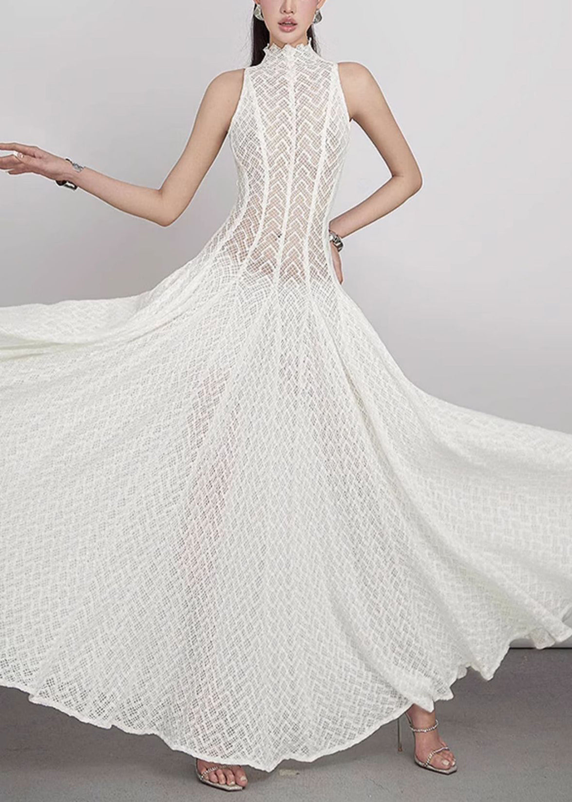 Spitze Hohl-Out Kleid Weiß Elegant Ärmellos Solide Maxi