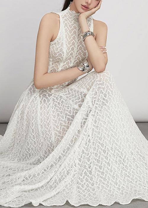 Spitze Hohl-Out Kleid Weiß Elegant Ärmellos Solide Maxi