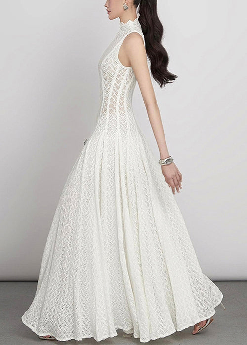 Spitze Hohl-Out Kleid Weiß Elegant Ärmellos Solide Maxi