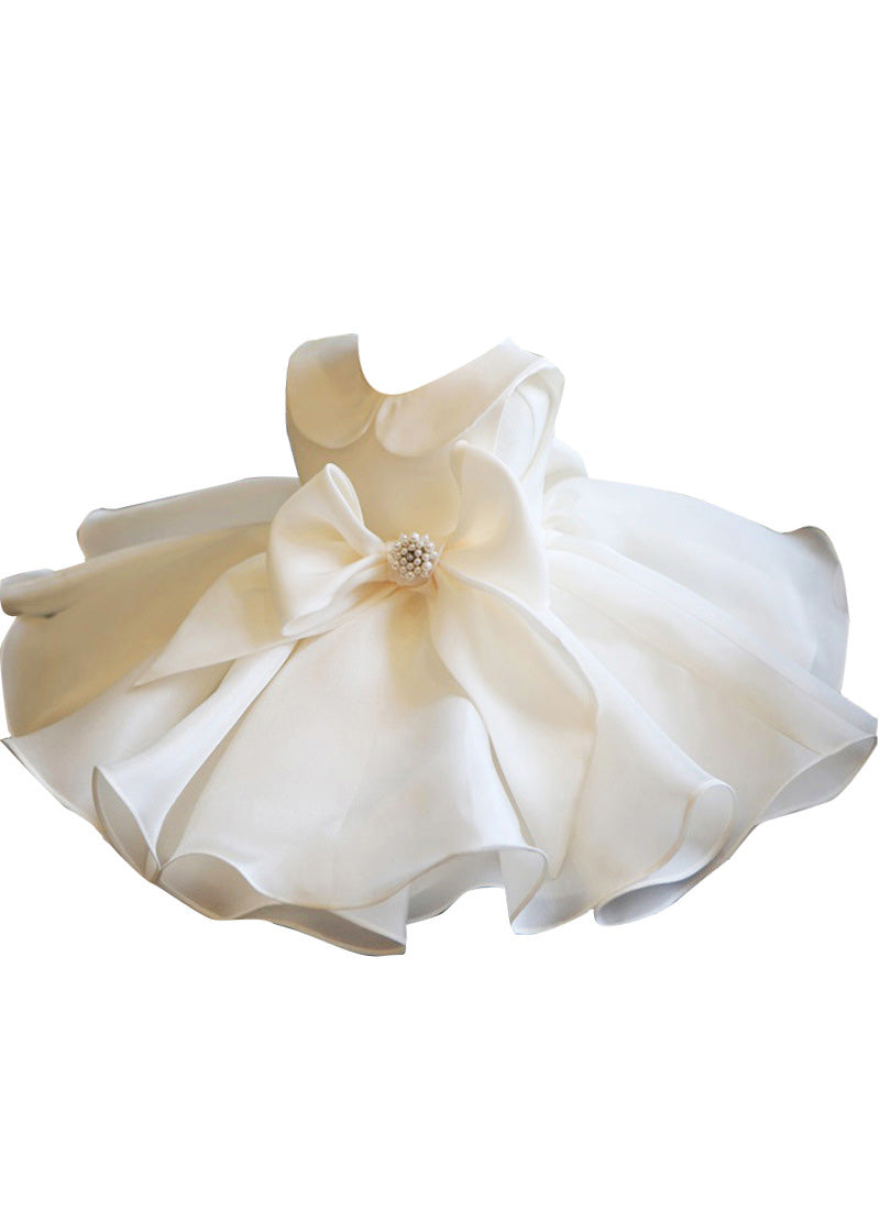 Robe longue blanche élégante en tulle avec col Peter Pan et nœud pour enfant, tenue d'été YS019