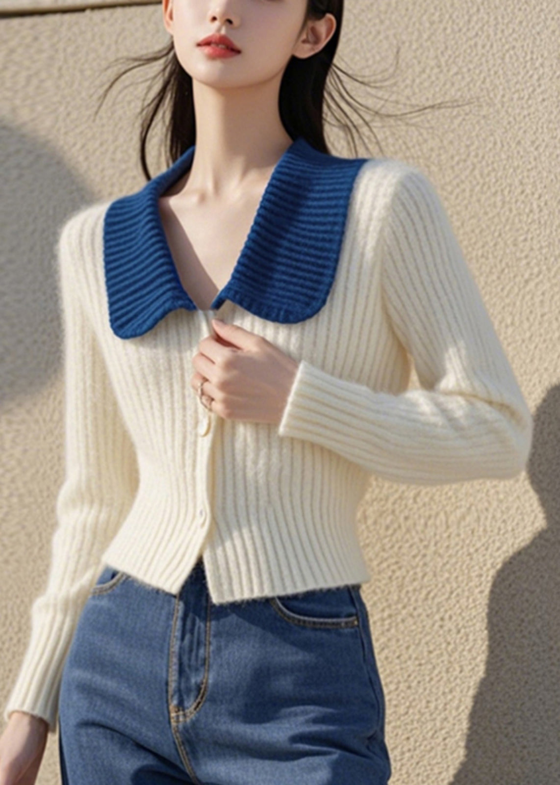 Cardigan élégant en tricot de coton blanc à col Peter Pan et boutons, printemps TO034