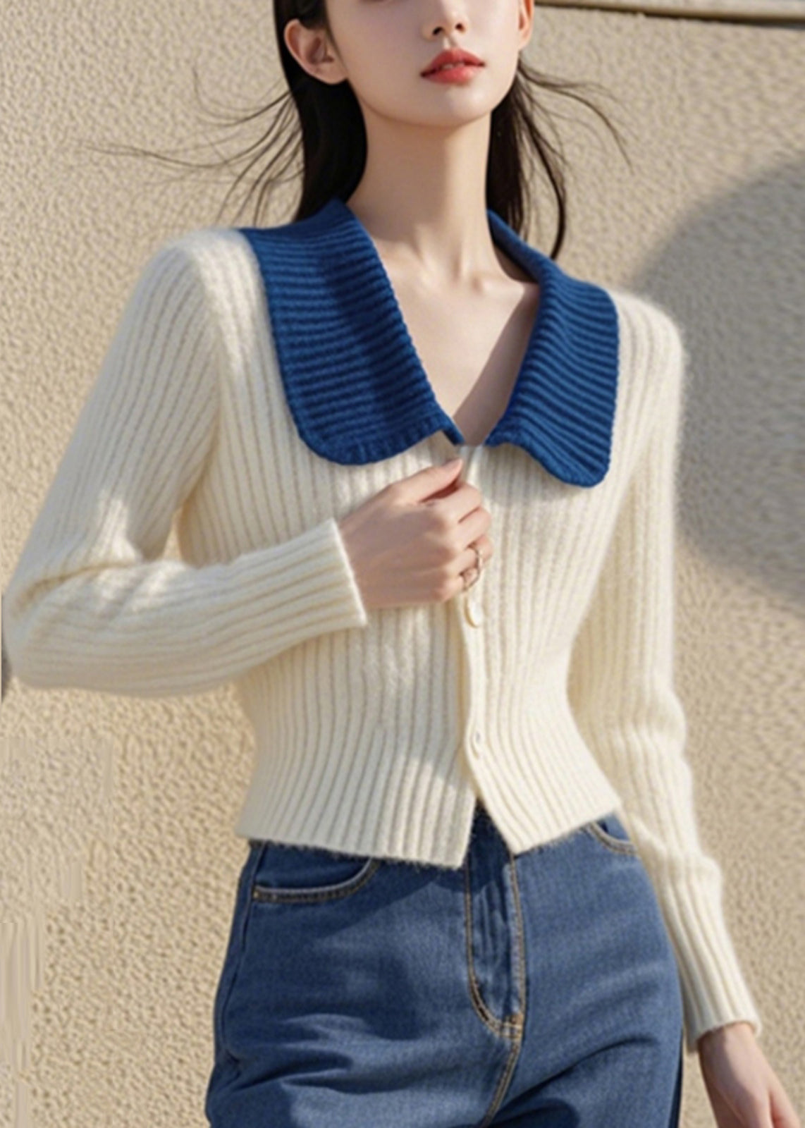 Cardigan élégant en tricot de coton blanc à col Peter Pan et boutons, printemps TO034
