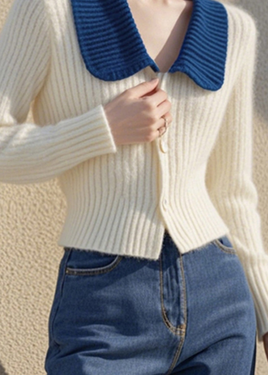Cardigan élégant en tricot de coton blanc à col Peter Pan et boutons, printemps TO034