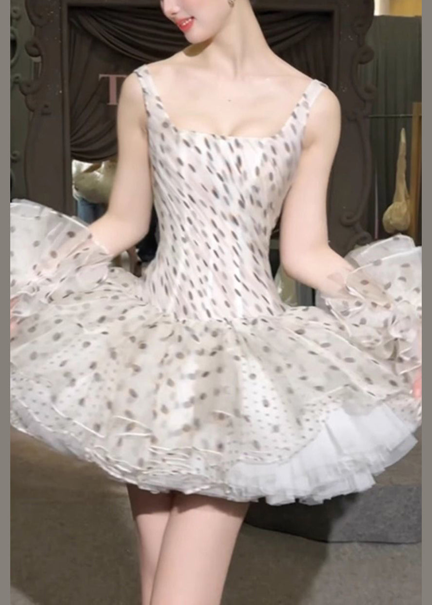Kleider Chiffon Elegant Ärmellos Weiß Punkt Kragen Mini Quadrat