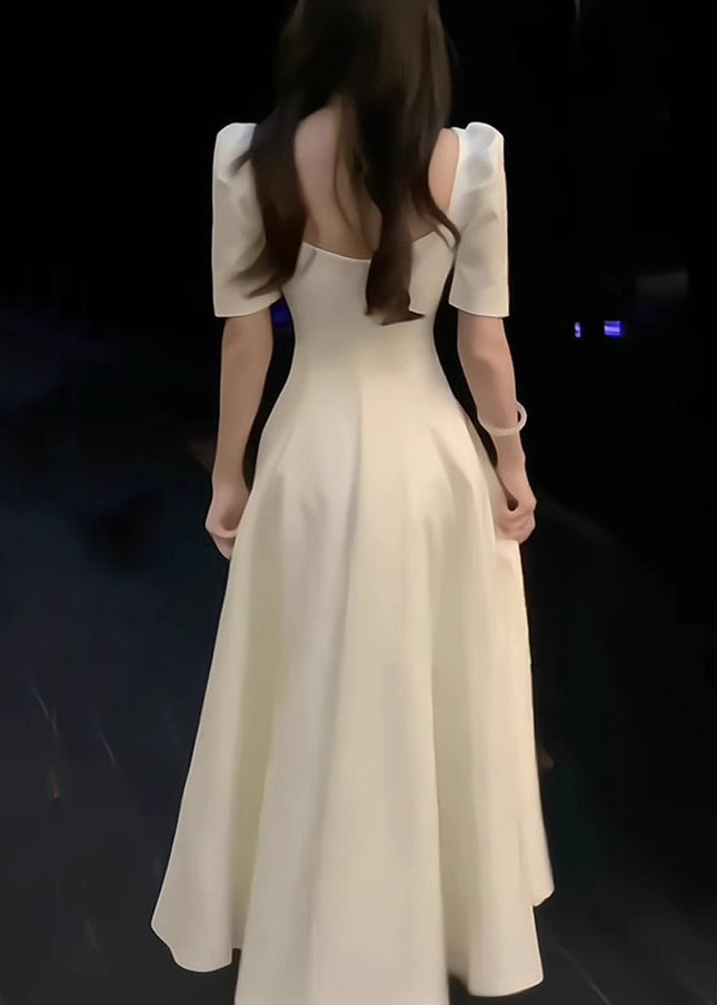 Elegantes weißes, quadratisches Kragenkleid aus massiver Baumwolle, langes Sommerkleid XX016