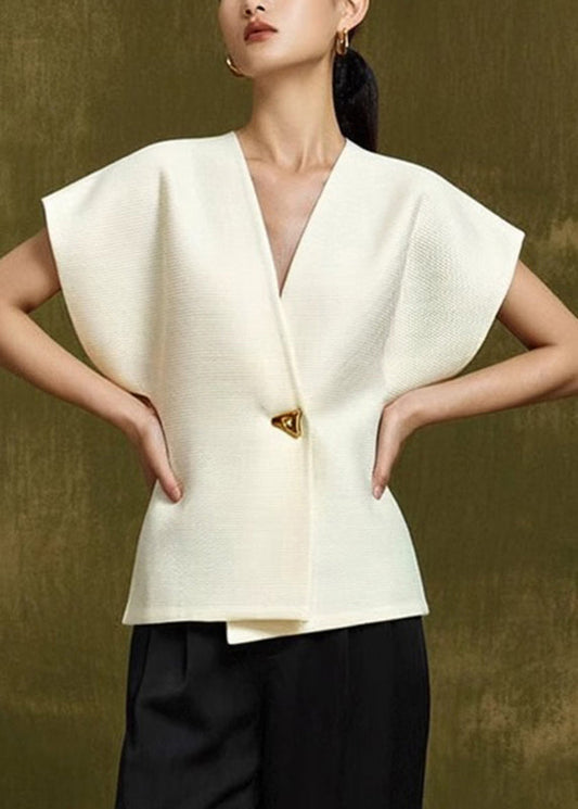 V White Elegant Summer Top Button Neck
