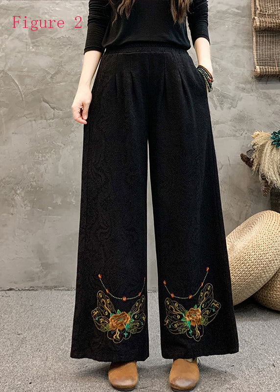 Pantalon à jambe large à taille élastique brodé de style ethnique Printemps BV013
