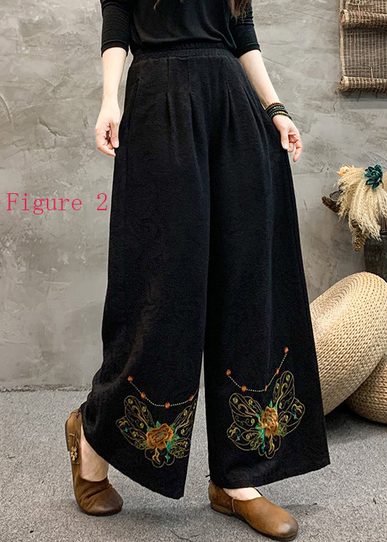 Pantalon à jambe large à taille élastique brodé de style ethnique Printemps BV013