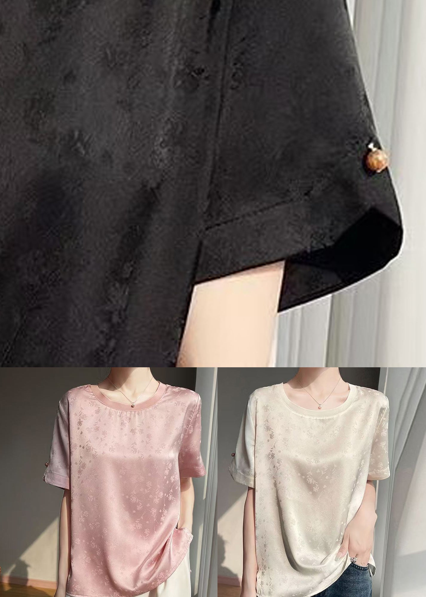 Sleeve Beige Silk Original Blouses Fashion Design Short Jacquard