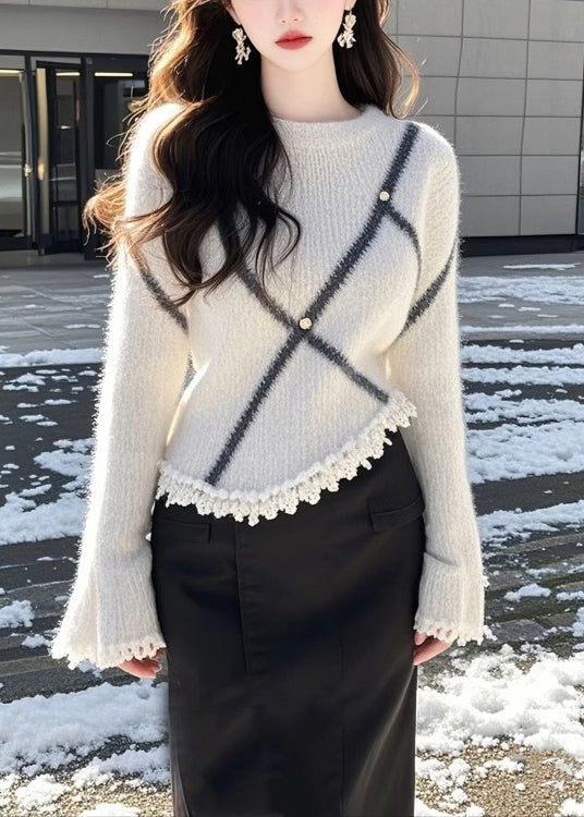 Pull en maille patchwork beige à col rond et manches évasées TQ006