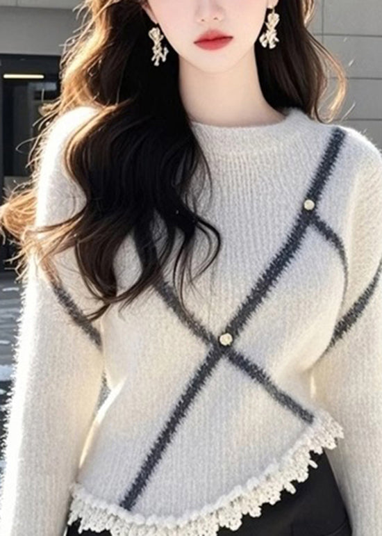 Pull en maille patchwork beige à col rond et manches évasées TQ006