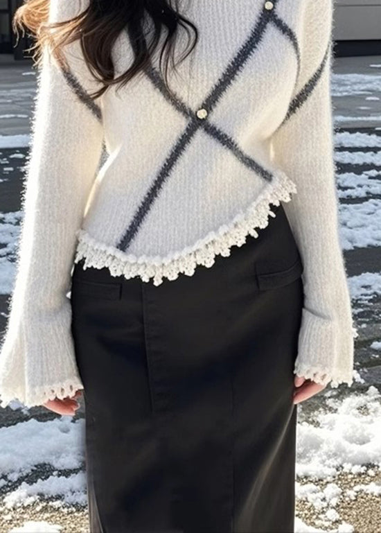 Pull en maille patchwork beige à col rond et manches évasées TQ006