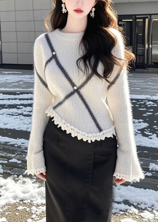 Pull en maille patchwork beige à col rond et manches évasées TQ006