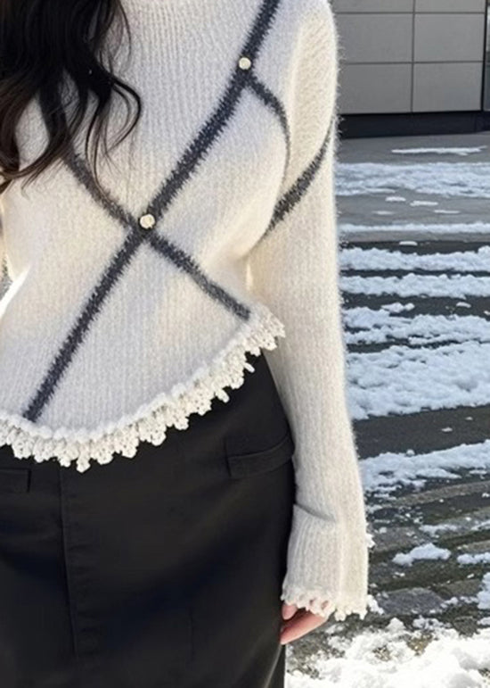 Pull en maille patchwork beige à col rond et manches évasées TQ006