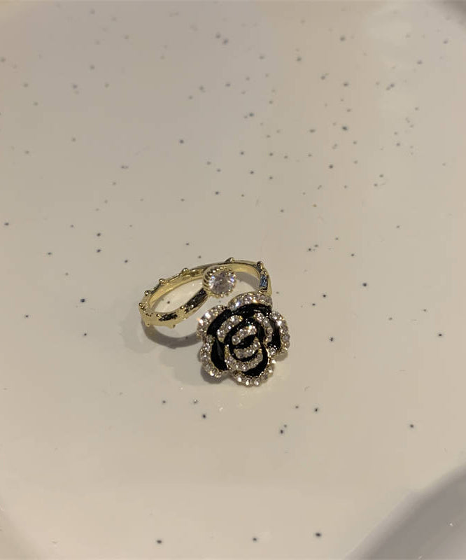 Mode Schwarz Kupfer Overgild Zirkon Kamelie Ringe PO013